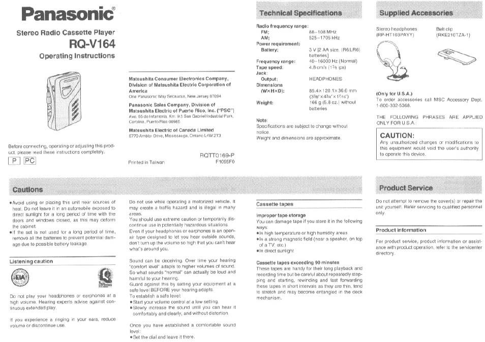 Panasonic RQ-V164 User Manual | 3 pages