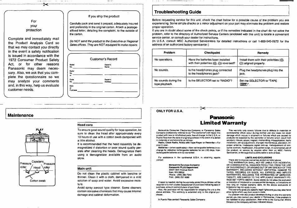 Panasonic limited warranty | Panasonic RQ-V164 User Manual | Page 3 / 3