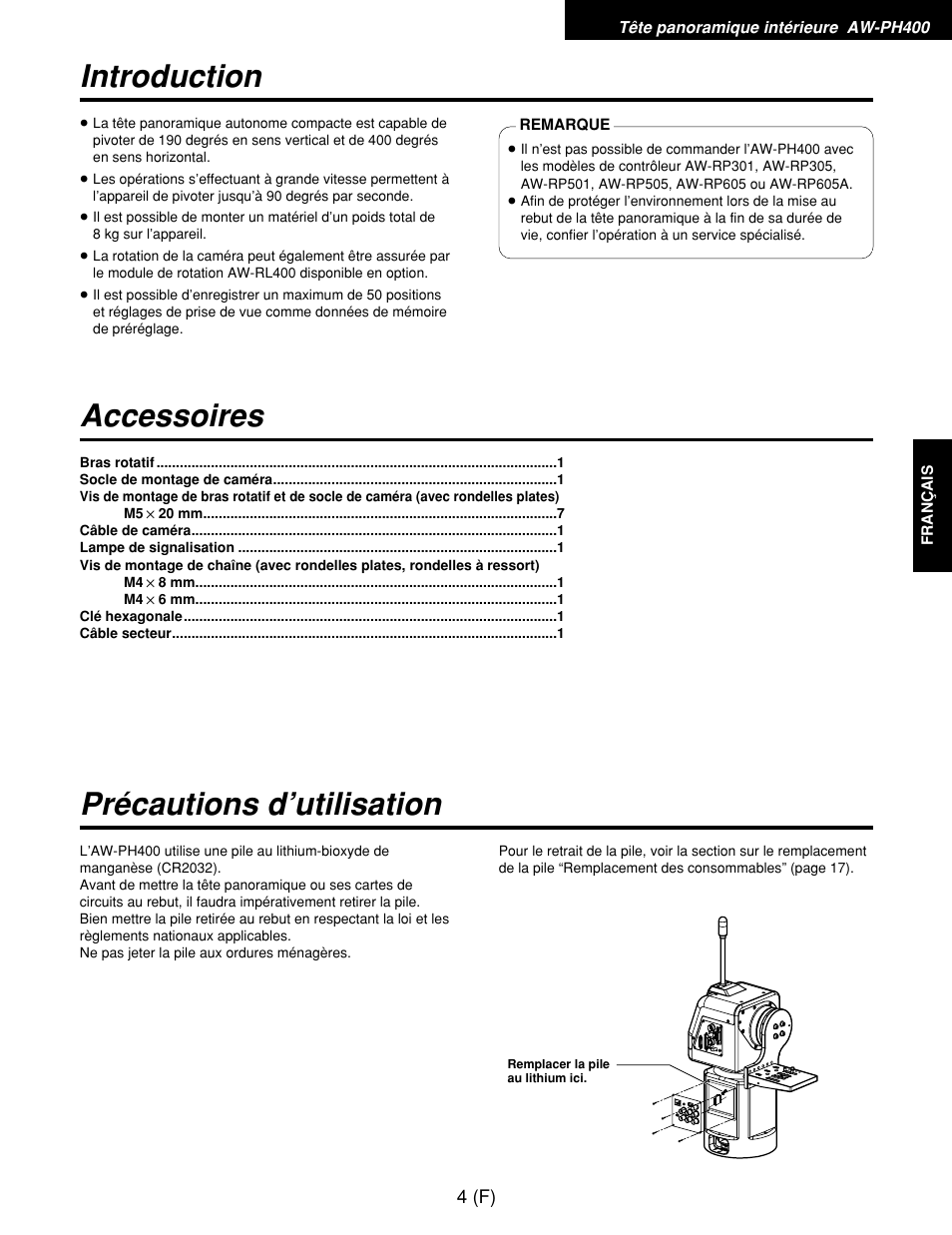 Introduction accessoires précautions d’utilisation | Panasonic AW-RP400E User Manual | Page 113 / 272