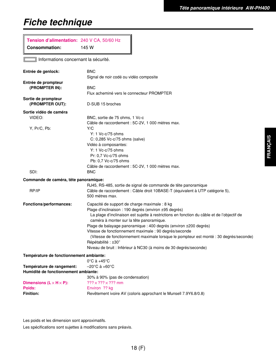 Fiche technique, 18 (f) | Panasonic AW-RP400E User Manual | Page 127 / 272