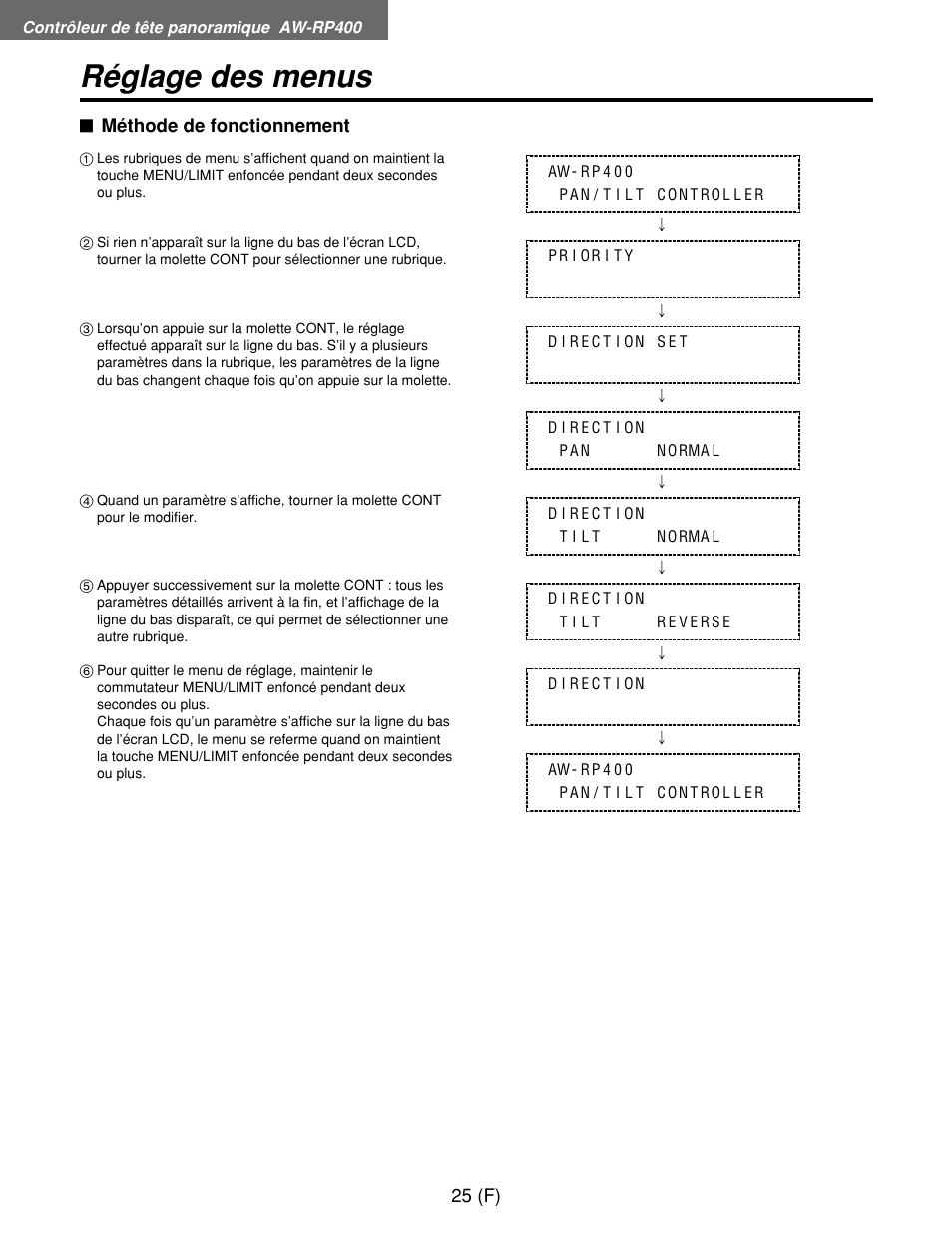Réglage des menus | Panasonic AW-RP400E User Manual | Page 134 / 272