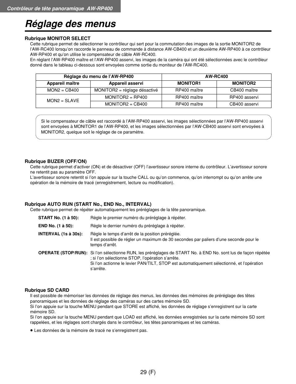 Réglage des menus | Panasonic AW-RP400E User Manual | Page 138 / 272