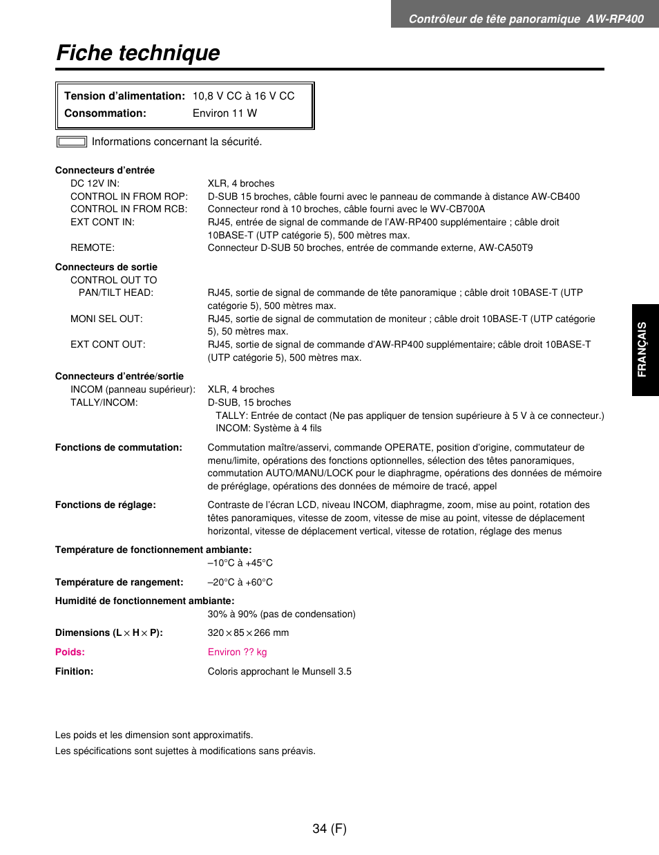 Fiche technique, 34 (f) | Panasonic AW-RP400E User Manual | Page 143 / 272