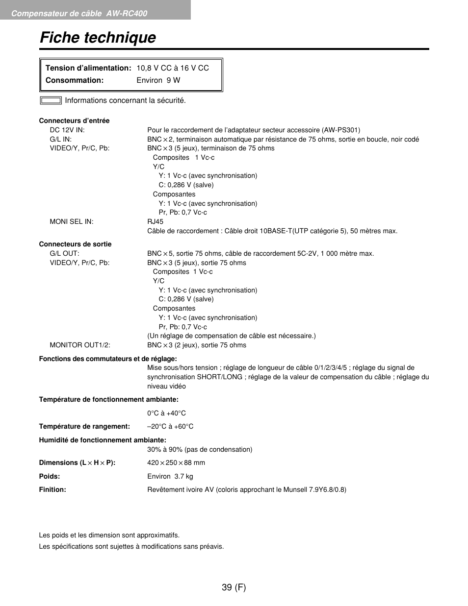 Fiche technique, 39 (f) | Panasonic AW-RP400E User Manual | Page 148 / 272