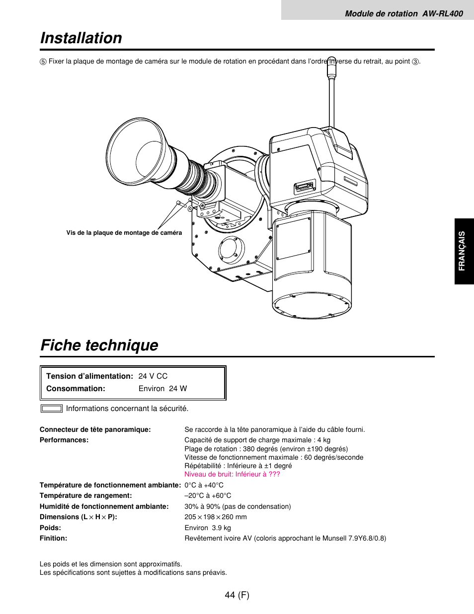 Fiche technique, Installation | Panasonic AW-RP400E User Manual | Page 153 / 272