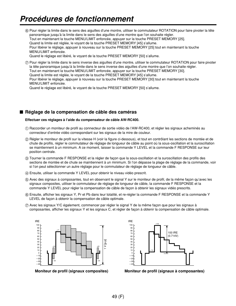 Procédures de fonctionnement, 49 (f), Réglage de la compensation de câble des caméras | Panasonic AW-RP400E User Manual | Page 158 / 272