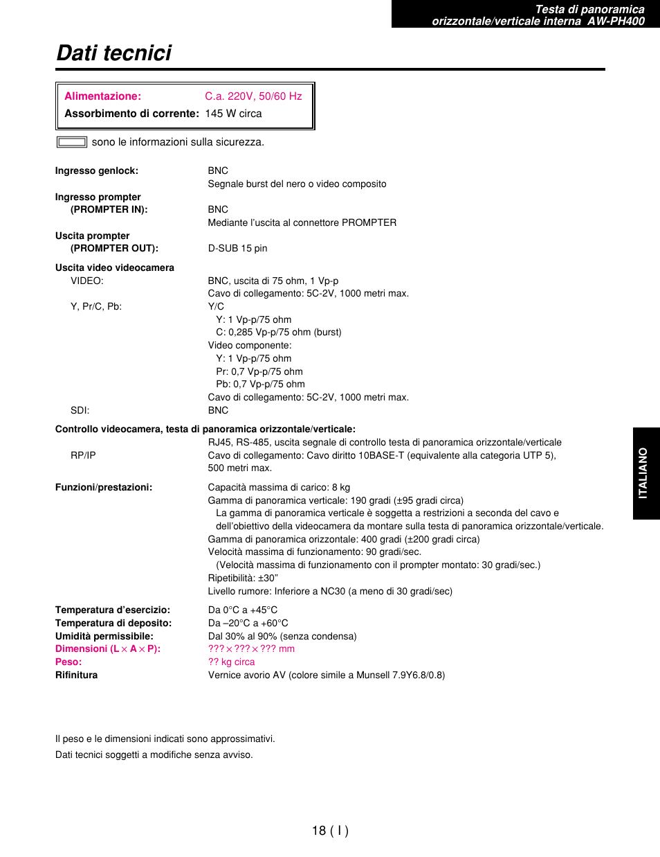 Dati tecnici, 18 ( i ) | Panasonic AW-RP400E User Manual | Page 181 / 272