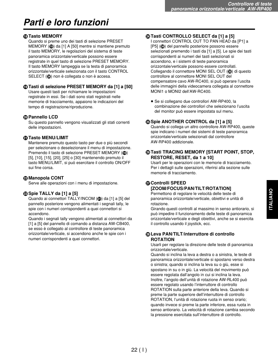 Parti e loro funzioni | Panasonic AW-RP400E User Manual | Page 185 / 272