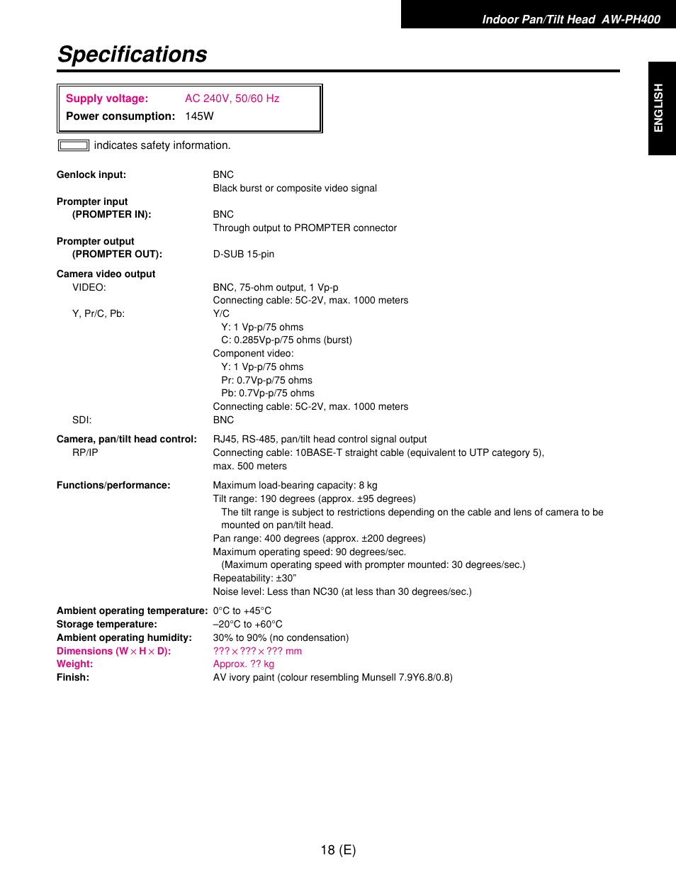Specifications, 18 (e) | Panasonic AW-RP400E User Manual | Page 19 / 272