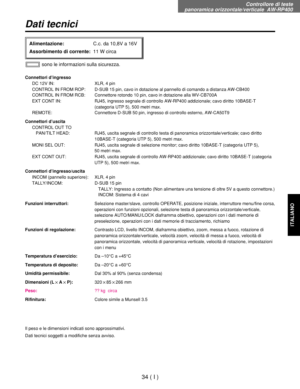Dati tecnici, 34 ( i ) | Panasonic AW-RP400E User Manual | Page 197 / 272