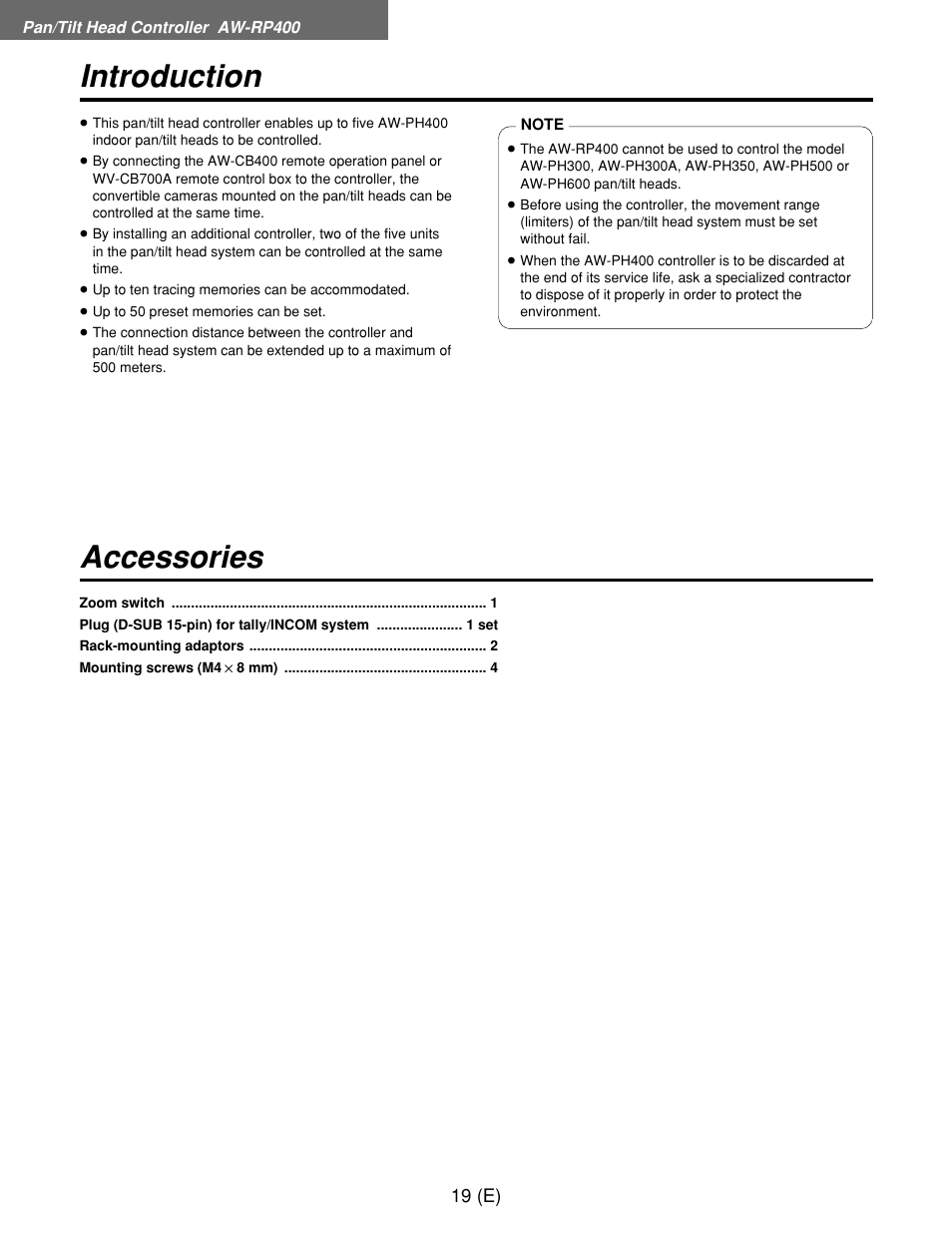 Introduction accessories | Panasonic AW-RP400E User Manual | Page 20 / 272