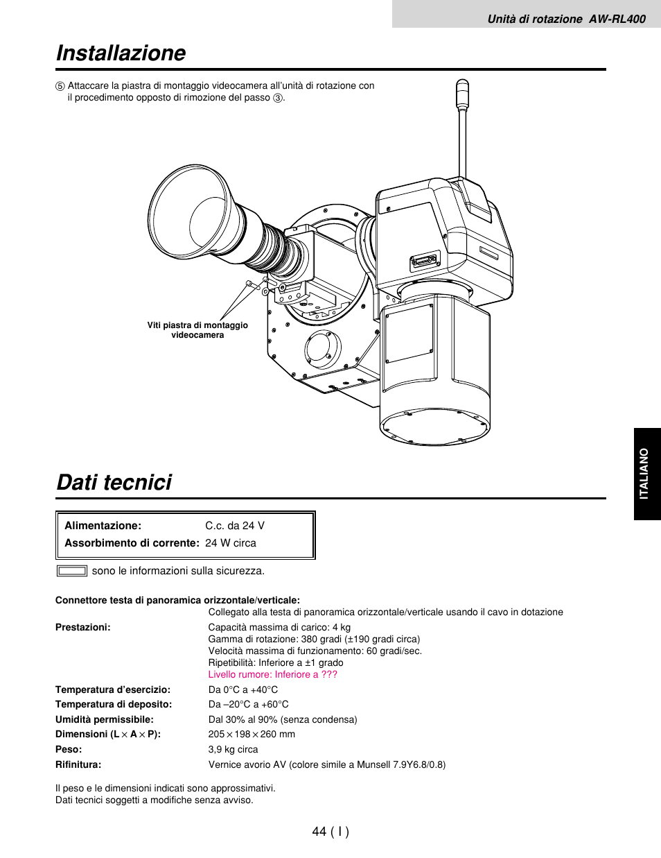 Dati tecnici, Installazione | Panasonic AW-RP400E User Manual | Page 207 / 272