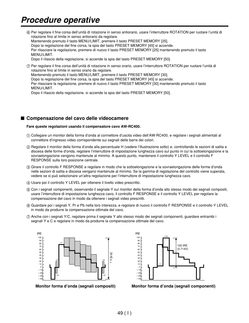 Procedure operative, 49 ( i ), Compensazione del cavo delle videocamere | Panasonic AW-RP400E User Manual | Page 212 / 272