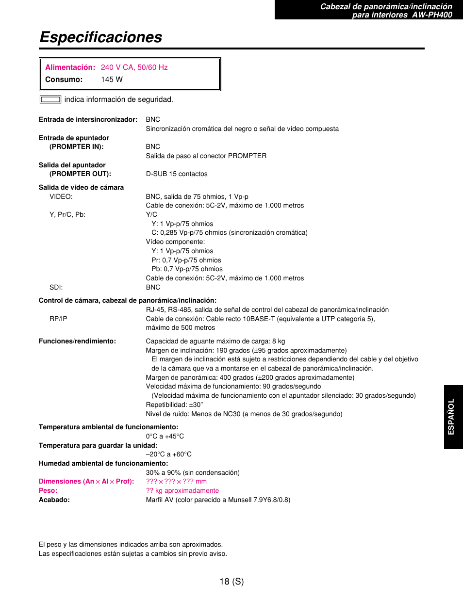 Especificaciones, 18 (s) | Panasonic AW-RP400E User Manual | Page 235 / 272
