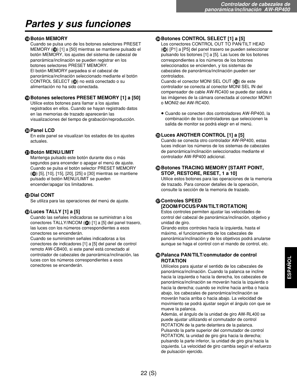 Partes y sus funciones | Panasonic AW-RP400E User Manual | Page 239 / 272