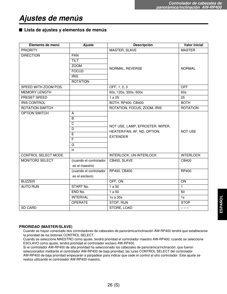 Ajustes de menús, 26 (s), Lista de ajustes y elementos de menús | Panasonic AW-RP400E User Manual | Page 243 / 272