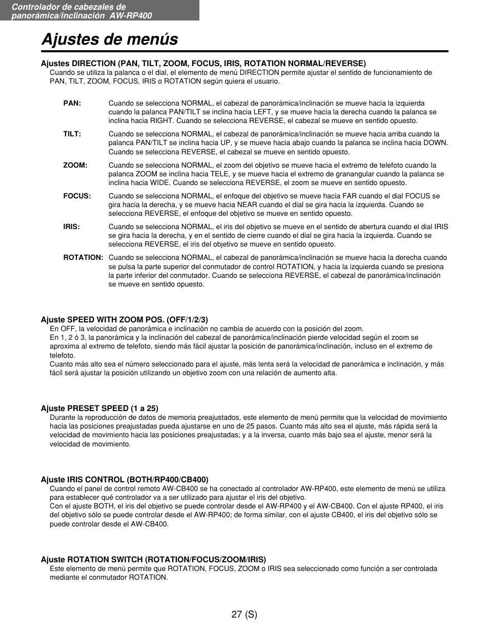 Ajustes de menús | Panasonic AW-RP400E User Manual | Page 244 / 272