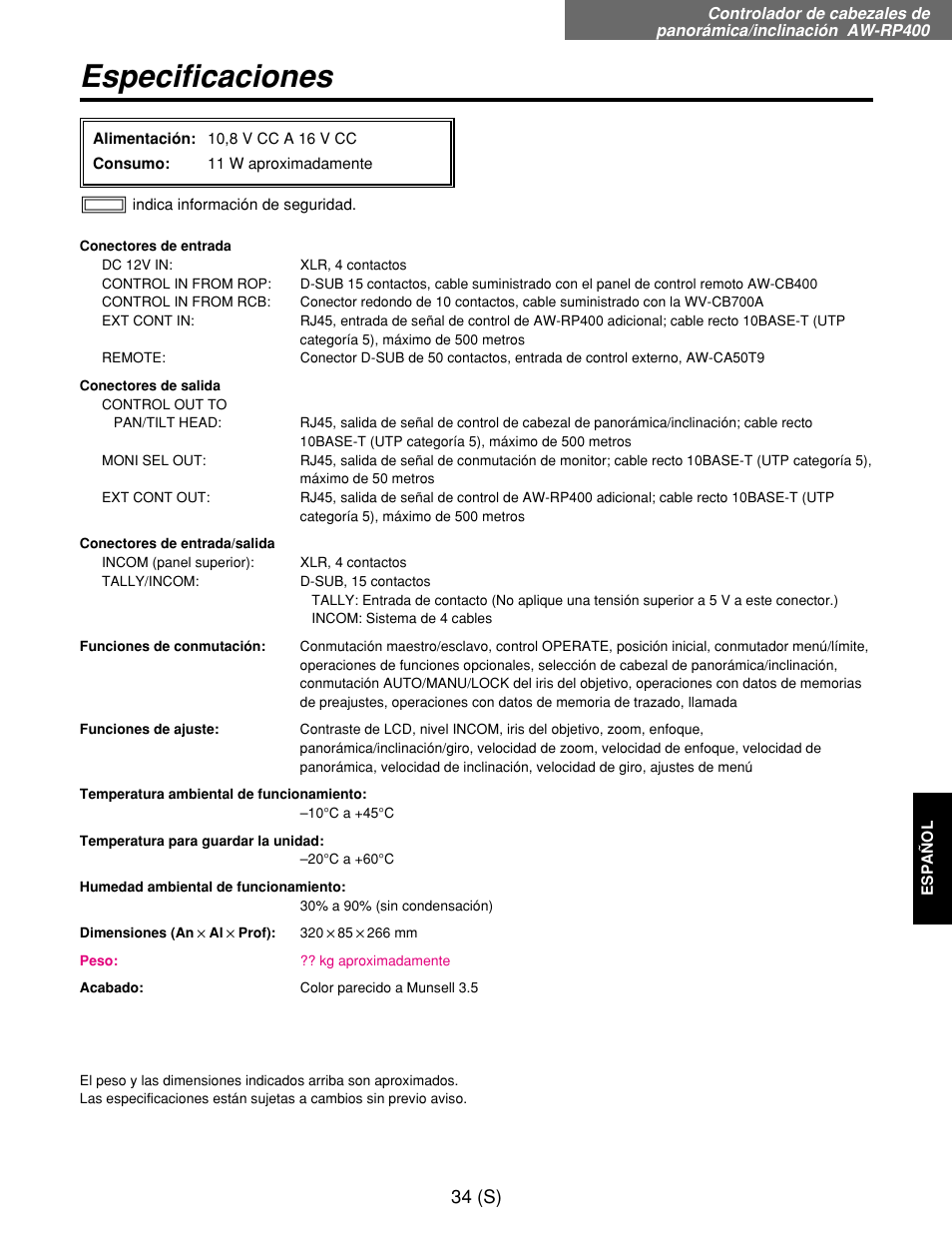 Especificaciones, 34 (s) | Panasonic AW-RP400E User Manual | Page 251 / 272