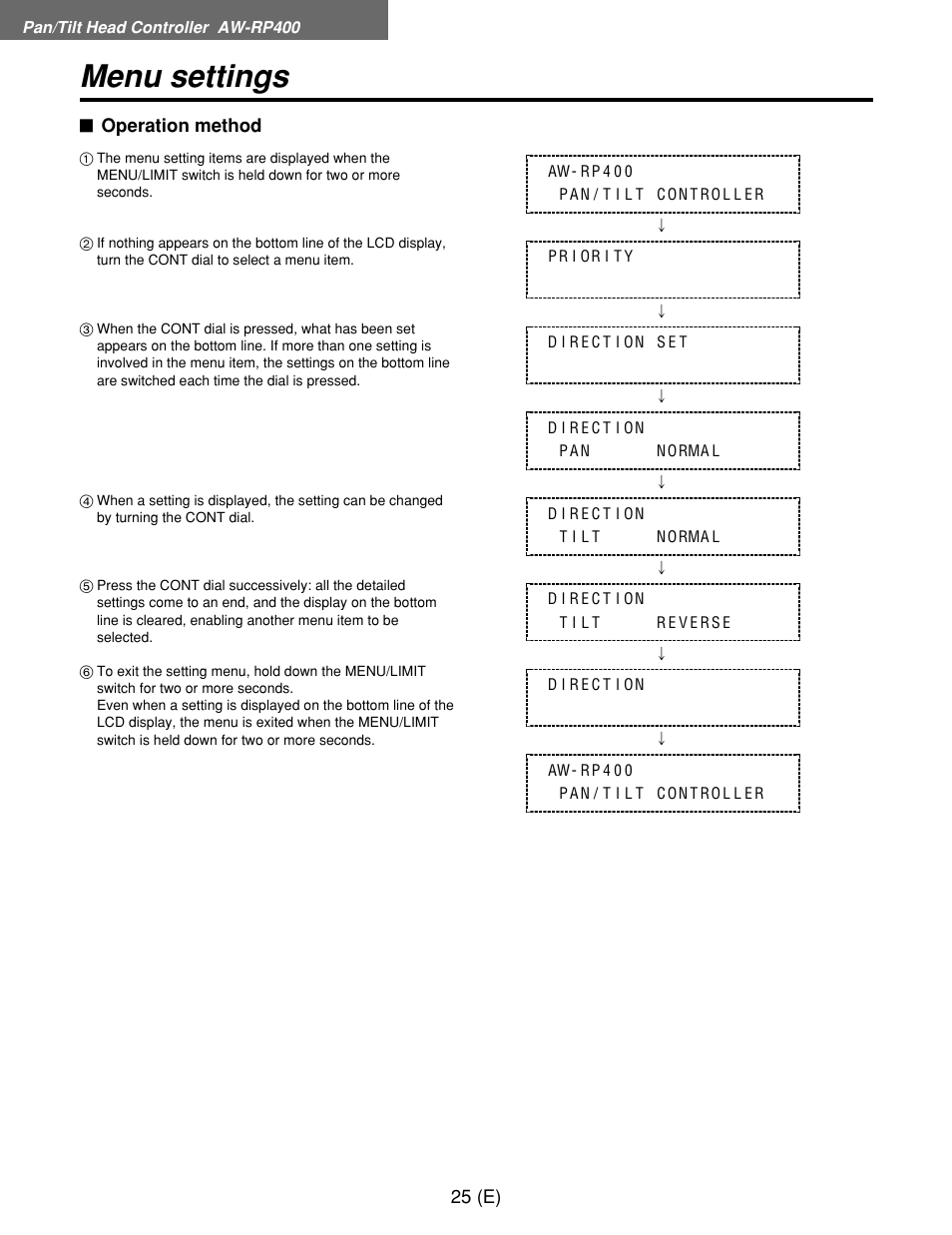 Menu settings | Panasonic AW-RP400E User Manual | Page 26 / 272