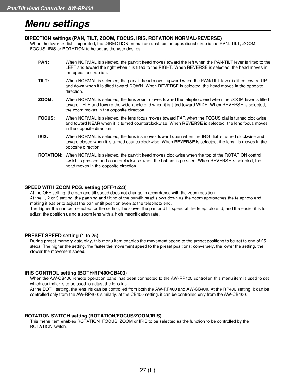Menu settings | Panasonic AW-RP400E User Manual | Page 28 / 272