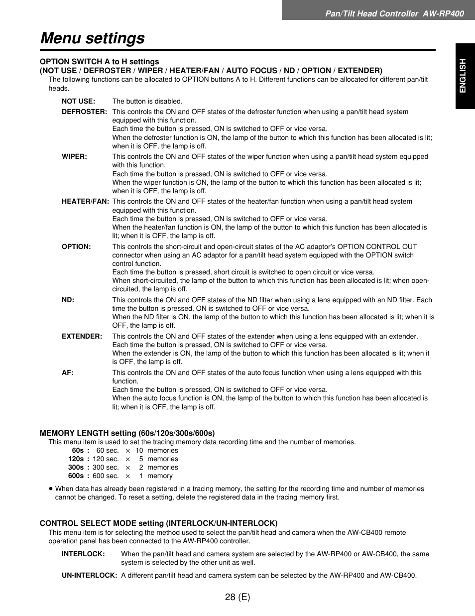 Menu settings | Panasonic AW-RP400E User Manual | Page 29 / 272