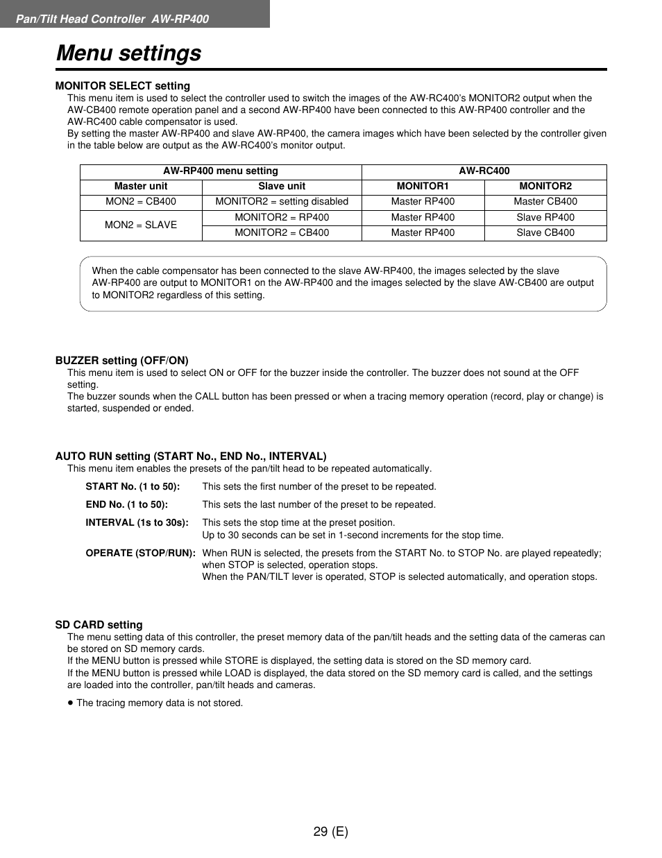 Menu settings | Panasonic AW-RP400E User Manual | Page 30 / 272