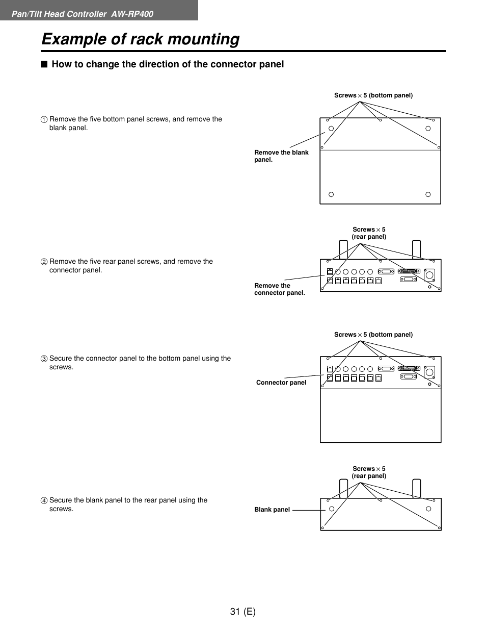 Example of rack mounting, 31 (e), How to change the direction of the connector panel | Panasonic AW-RP400E User Manual | Page 32 / 272