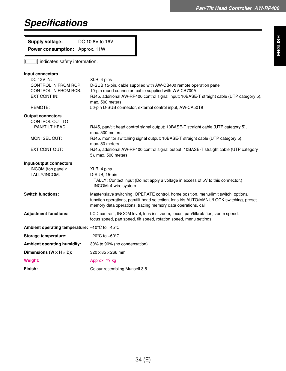 Specifications, 34 (e) | Panasonic AW-RP400E User Manual | Page 35 / 272