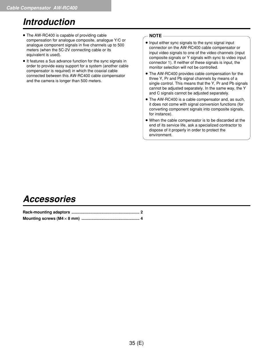 Introduction accessories | Panasonic AW-RP400E User Manual | Page 36 / 272
