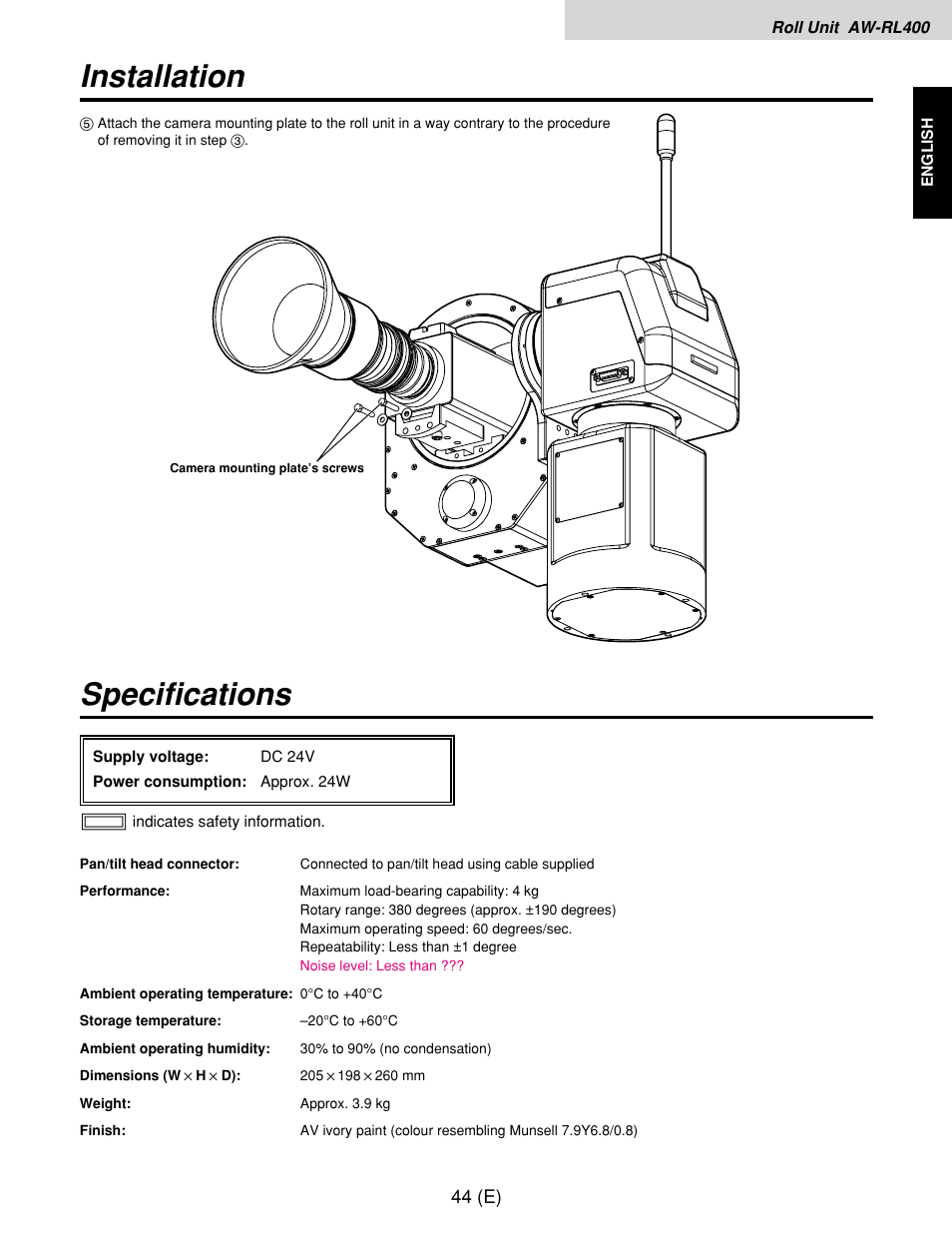 Specifications, Installation | Panasonic AW-RP400E User Manual | Page 45 / 272