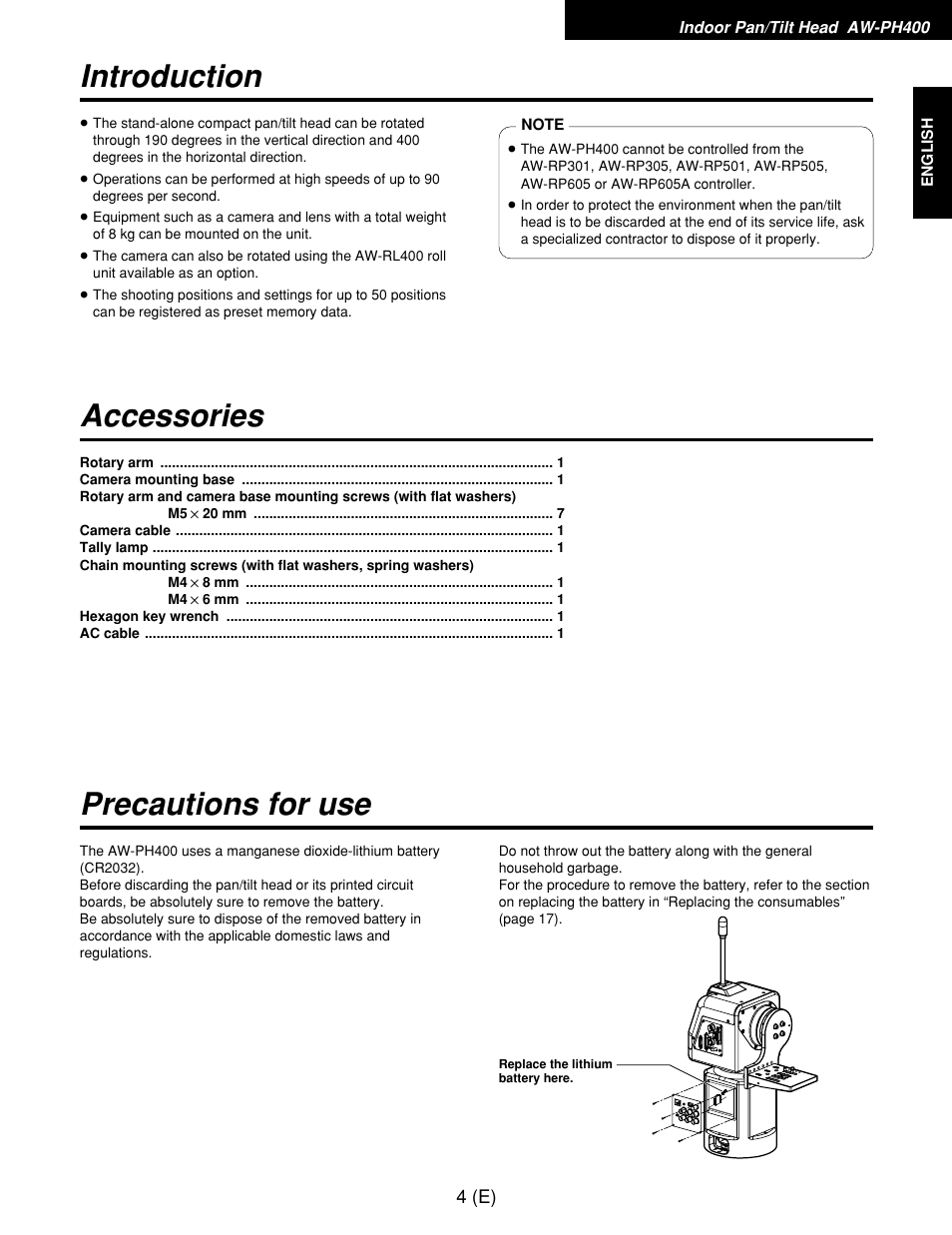 Introduction accessories precautions for use | Panasonic AW-RP400E User Manual | Page 5 / 272
