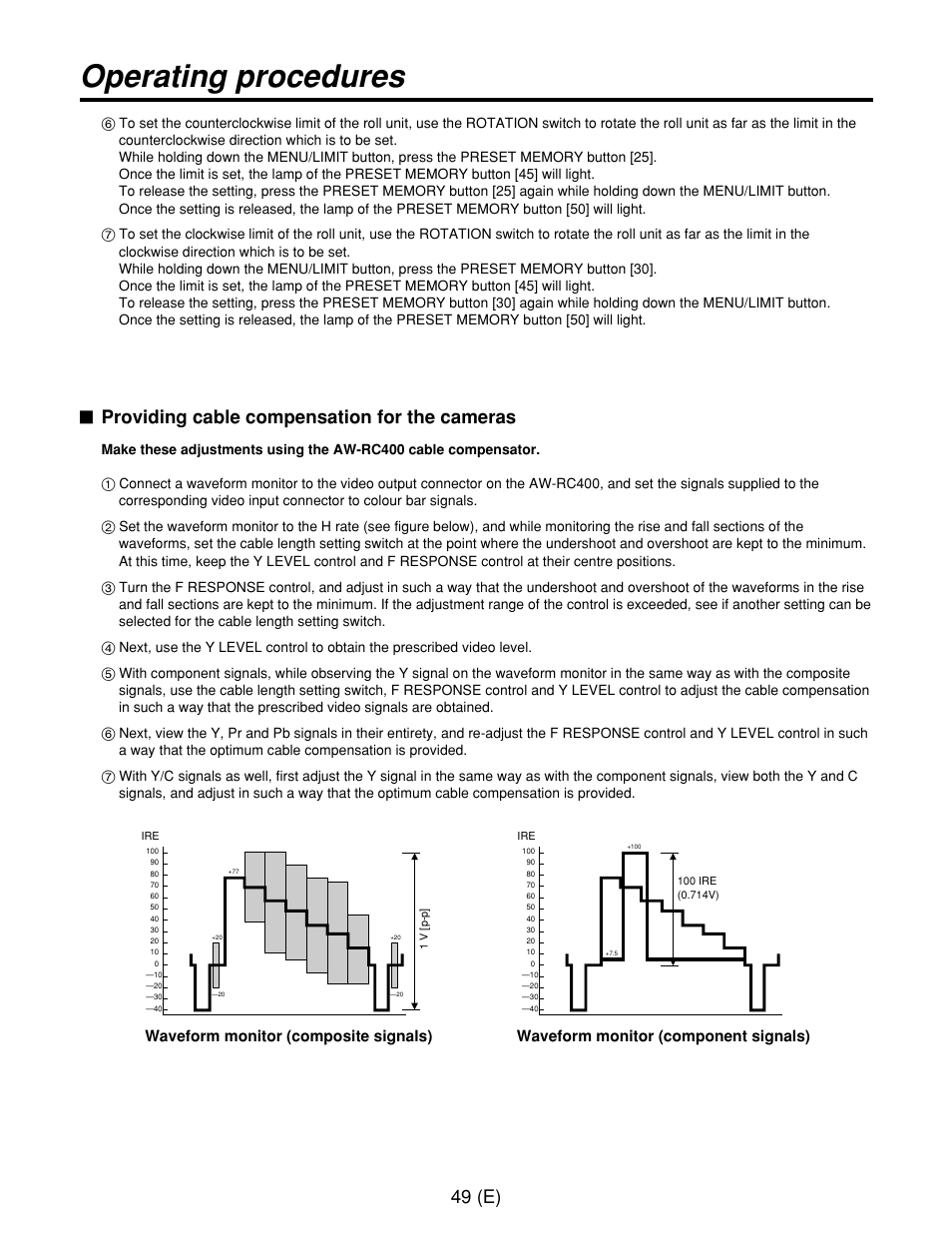 Operating procedures, 49 (e), Providing cable compensation for the cameras | Panasonic AW-RP400E User Manual | Page 50 / 272