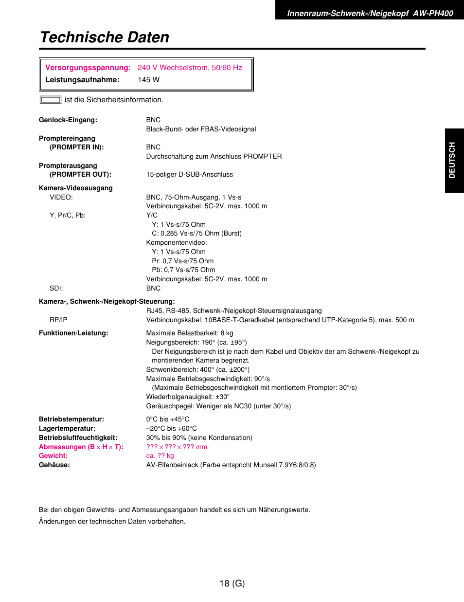Technische daten, 18 (g) | Panasonic AW-RP400E User Manual | Page 73 / 272