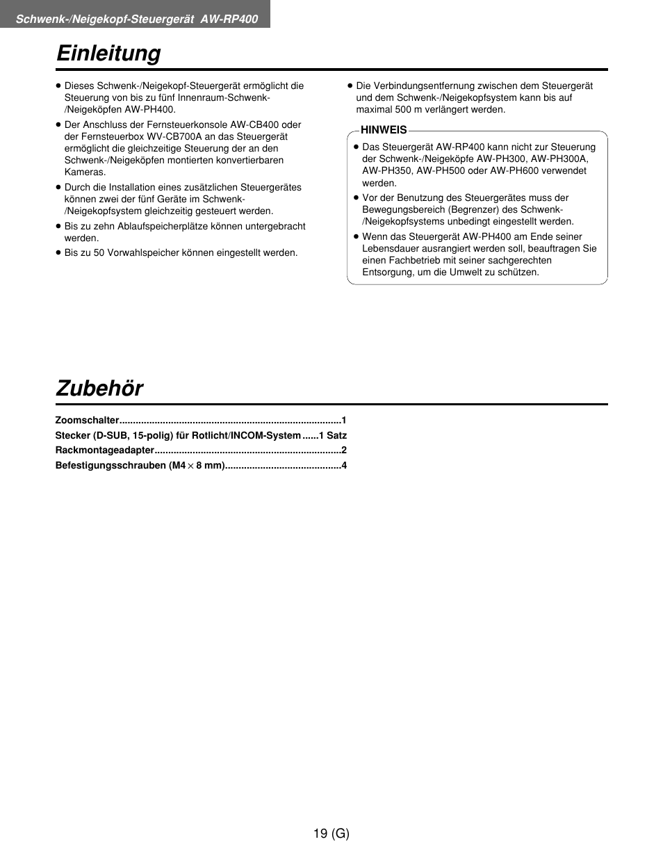 Einleitung zubehör | Panasonic AW-RP400E User Manual | Page 74 / 272