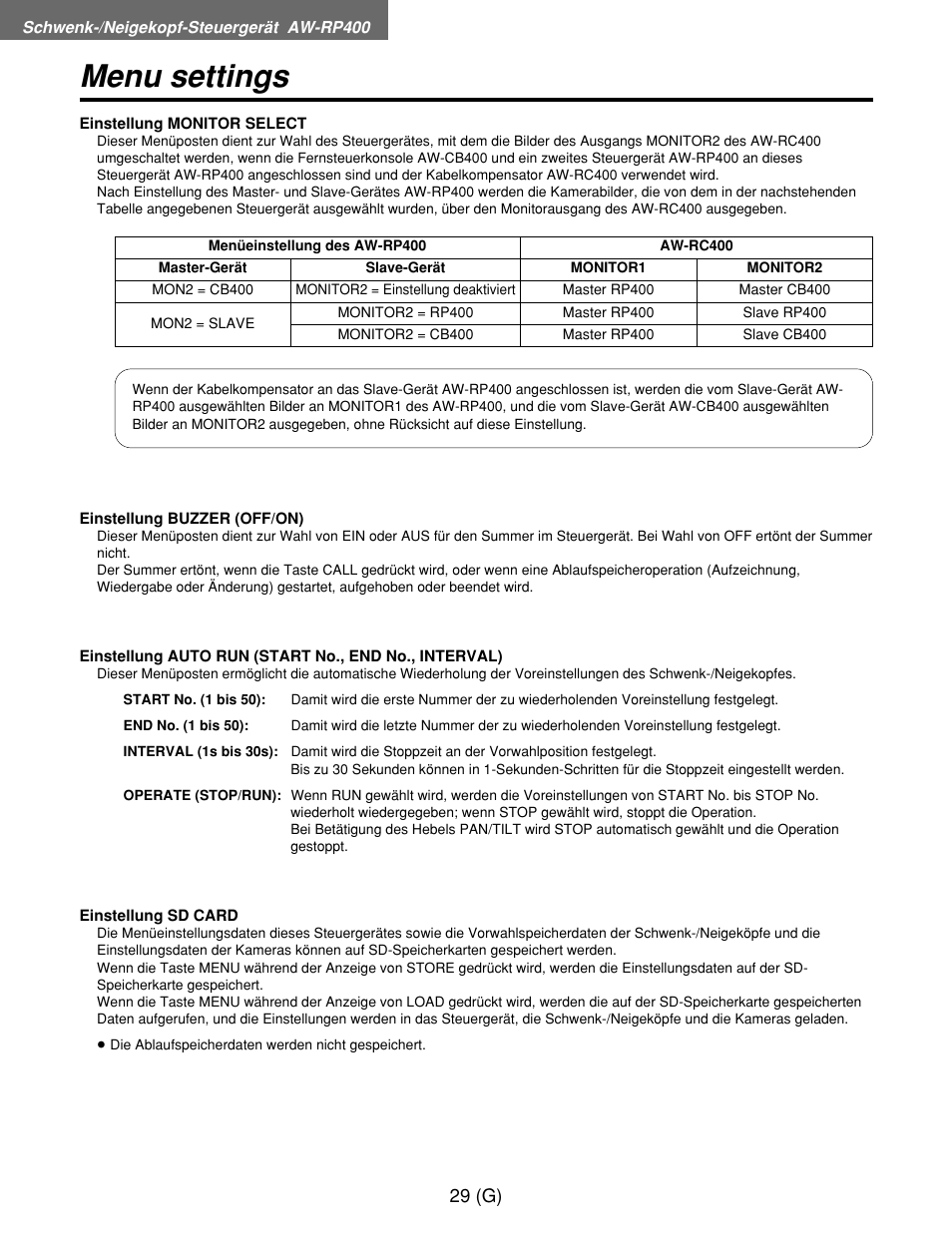 Menu settings | Panasonic AW-RP400E User Manual | Page 84 / 272