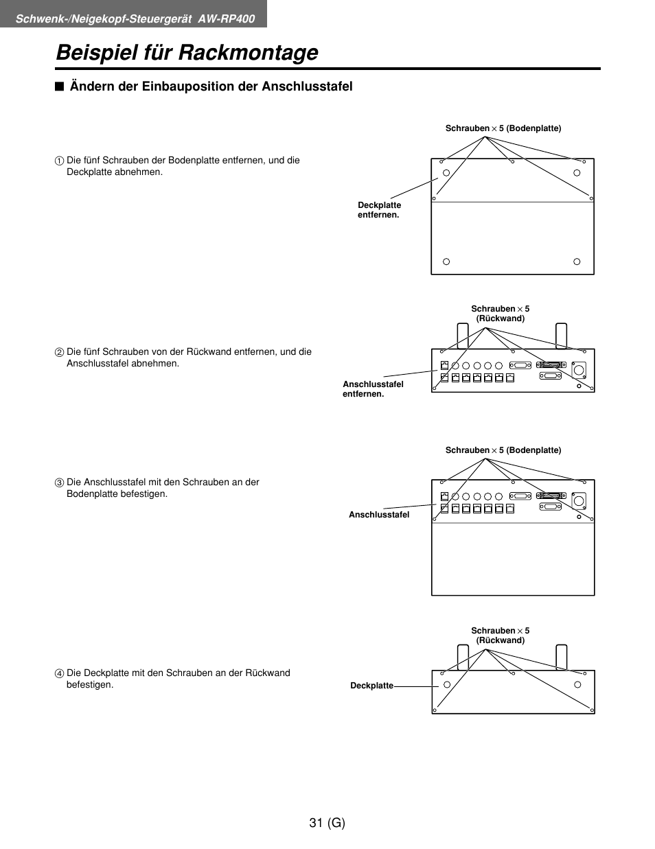 Beispiel für rackmontage, 31 (g), Ändern der einbauposition der anschlusstafel | Panasonic AW-RP400E User Manual | Page 86 / 272