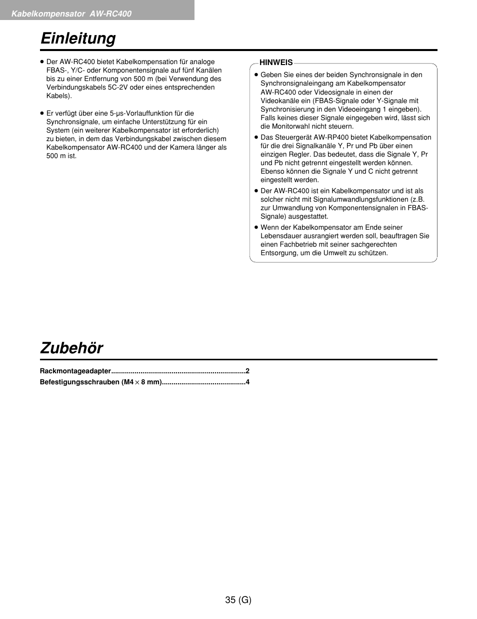 Einleitung zubehör | Panasonic AW-RP400E User Manual | Page 90 / 272