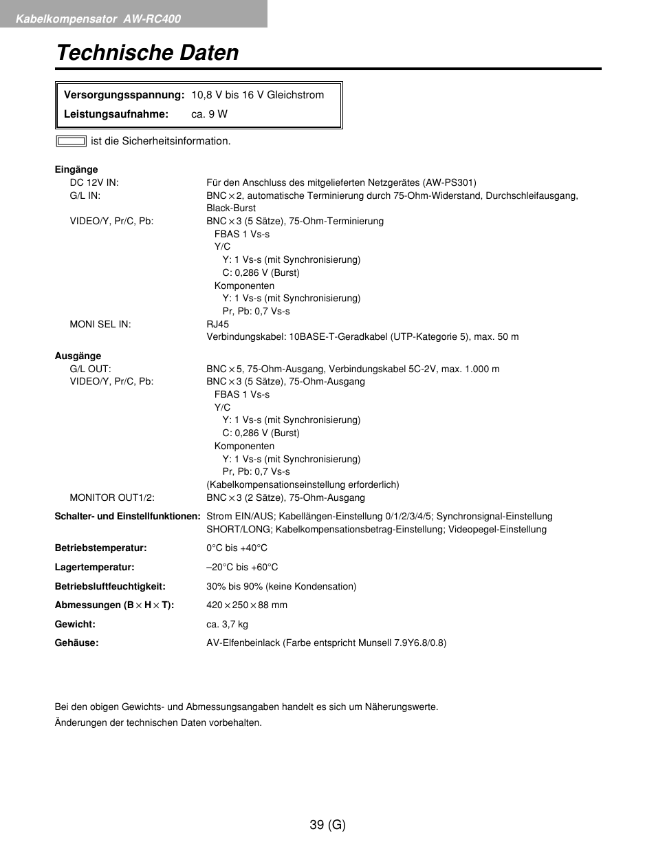Technische daten, 39 (g) | Panasonic AW-RP400E User Manual | Page 94 / 272