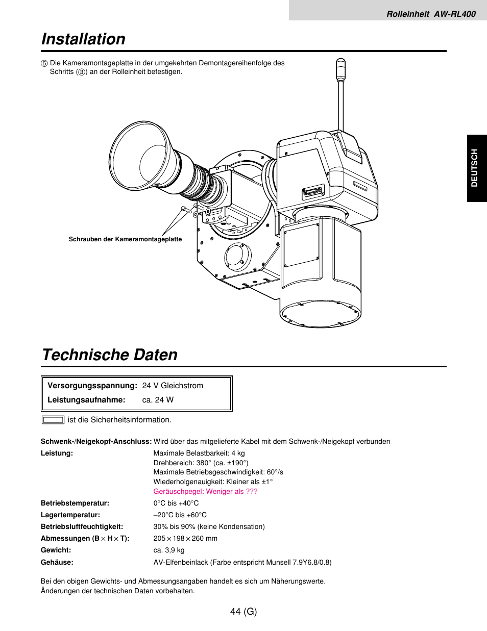 Technische daten, Installation | Panasonic AW-RP400E User Manual | Page 99 / 272