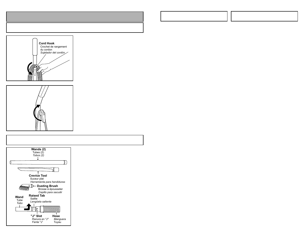 Remplacement des brosses, Cambiar los cepillos, Feature | Using cord hook, Tool storage | Panasonic MC-V5209 User Manual | Page 35 / 48