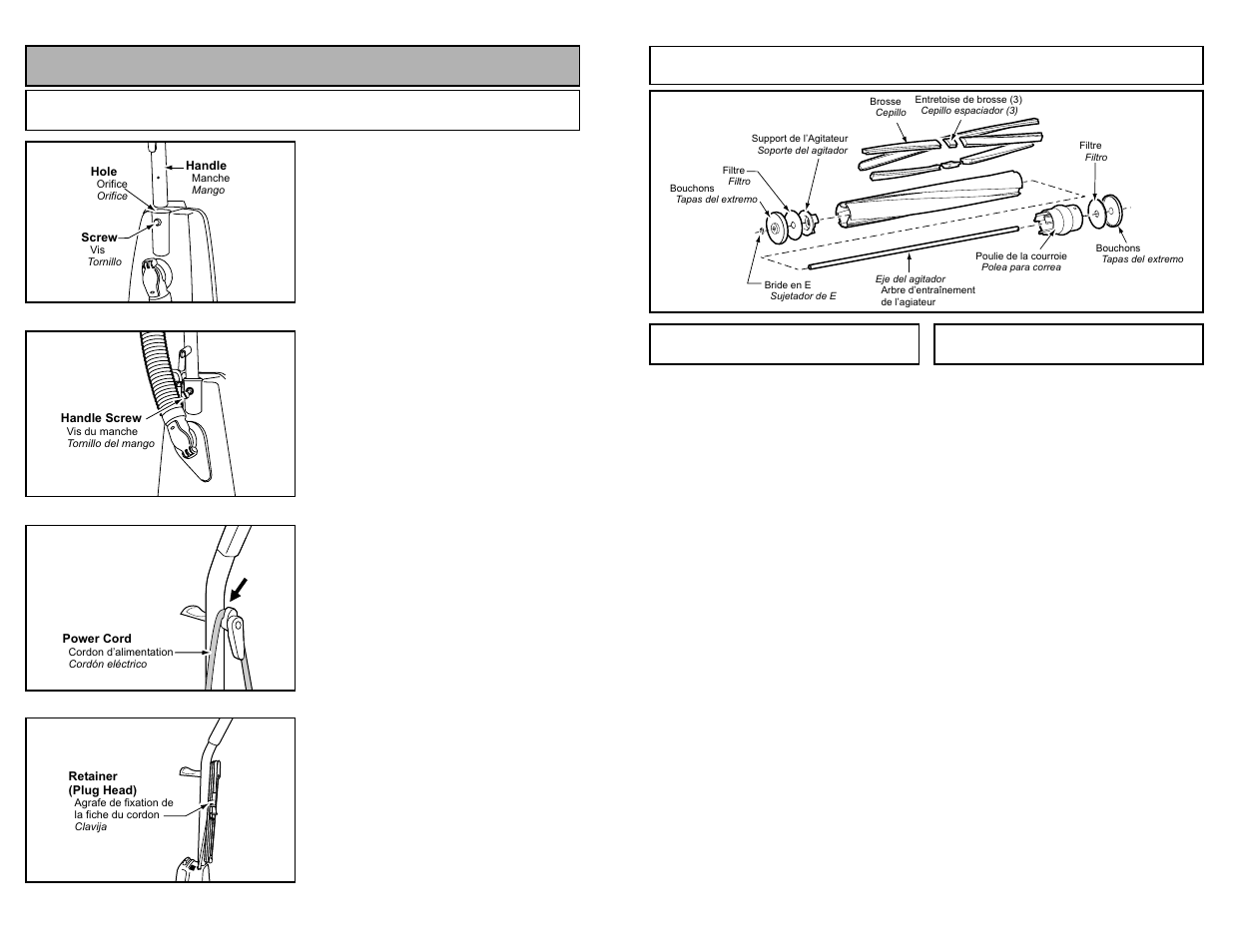 Assemblage de l'agitateur, Deqagement des obstructions, Montaje de agitador | Quitar de los residuos de basura en los conductos, Assembly, Attaching handle, Assemblage de l’agitateur / montaje de agitador | Panasonic MC-V5209 User Manual | Page 37 / 48