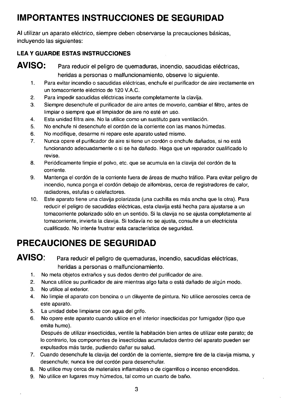 Importantes instrucciones de seguridad, Incluyendo las siguientes, Lea y guarde estas instrucciones | Precauciones de seguridad, Aviso, Precauciones de seguridad aviso | Panasonic EH366 User Manual | Page 3 / 12