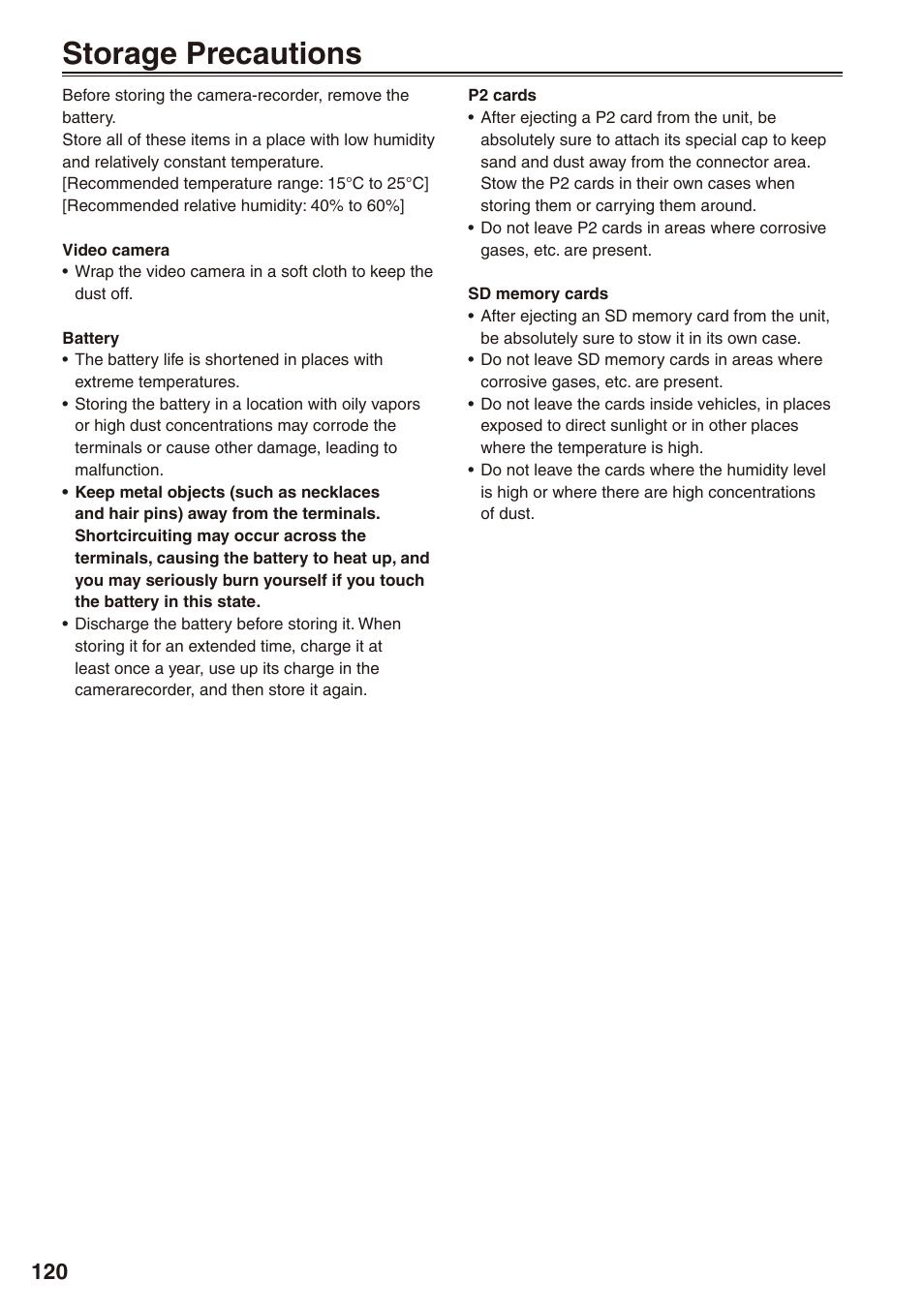 Storage precautions, Storage precautions 0 | Panasonic AG-HPX170P User Manual | Page 120 / 128