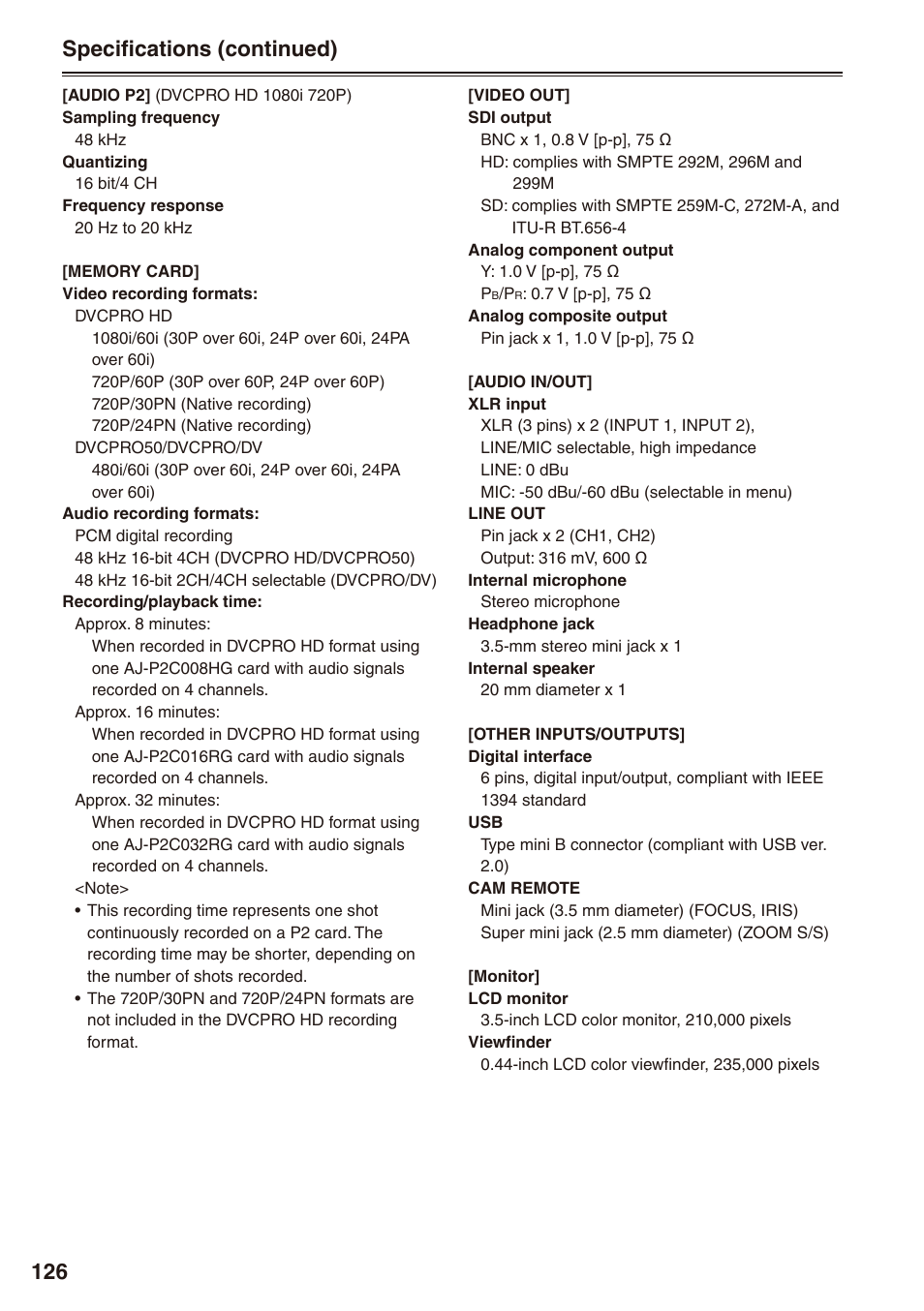 Specifications (continued) | Panasonic AG-HPX170P User Manual | Page 126 / 128