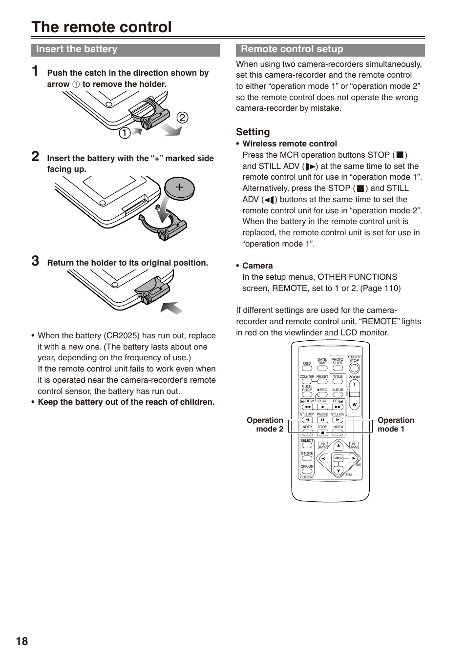 The remote control, Insert the battery, Remote control setup | Insert the battery remote control setup, Setting | Panasonic AG-HPX170P User Manual | Page 18 / 128