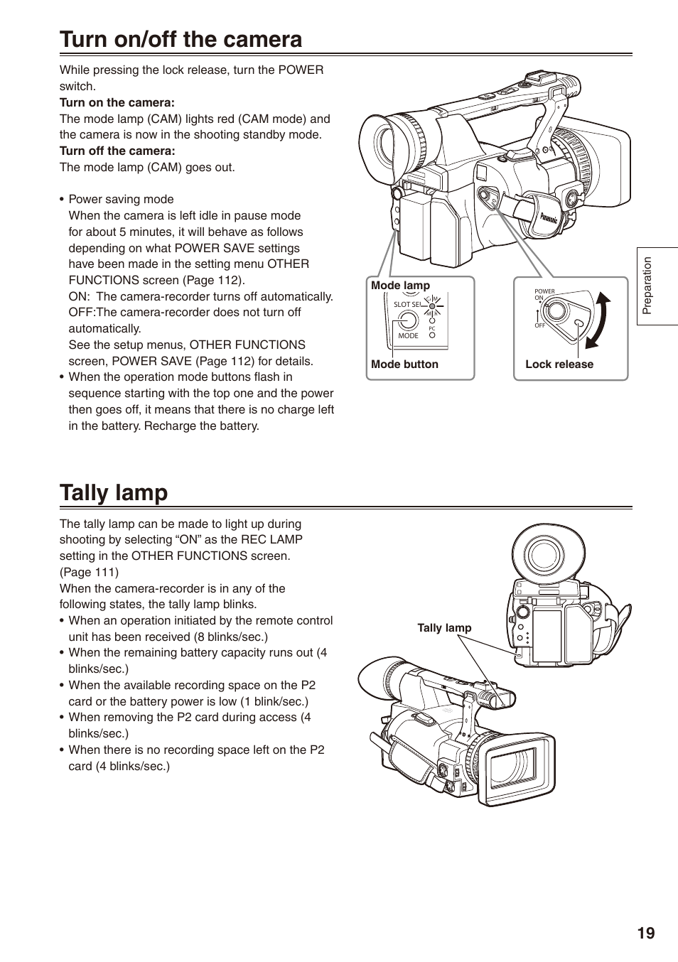 Turn on/off the camera, Tally lamp, Turn on/off the camera tally lamp | Panasonic AG-HPX170P User Manual | Page 19 / 128