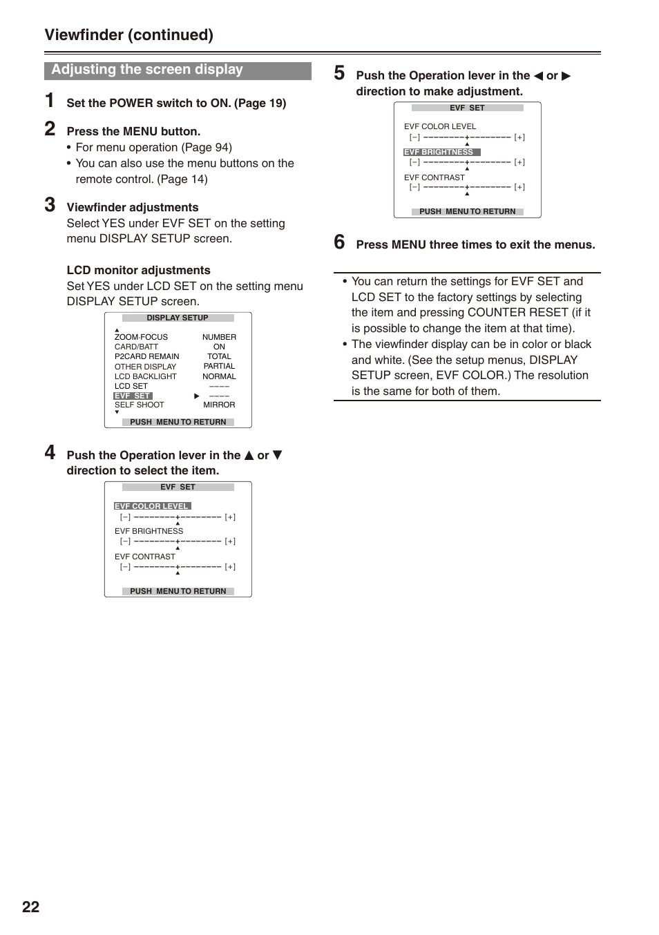 Adjusting the screen display, Viewfinder (continued) | Panasonic AG-HPX170P User Manual | Page 22 / 128