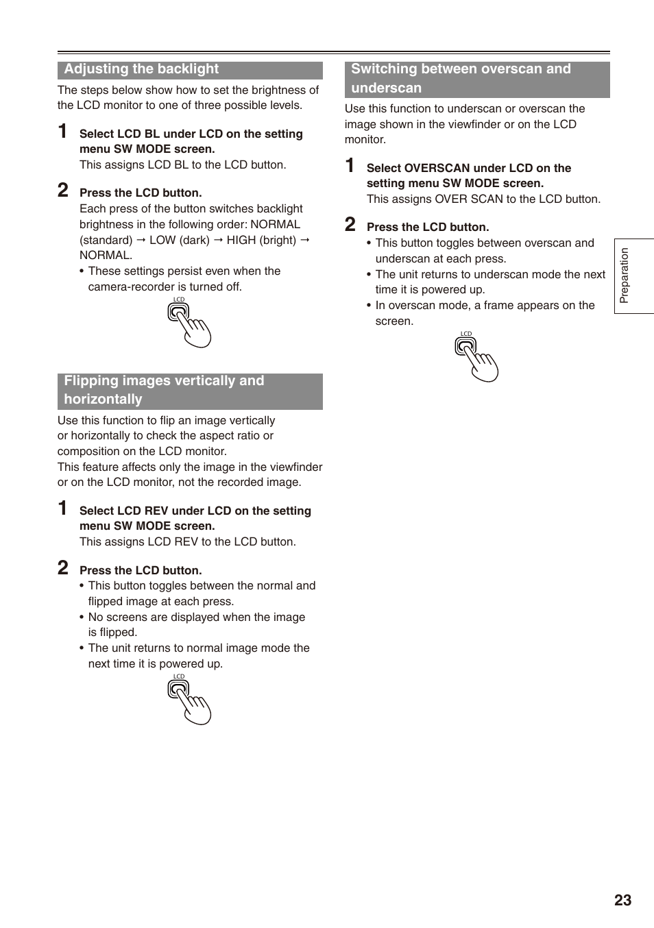 Adjusting the backlight, Flipping images vertically and horizontally, Switching between overscan and underscan | Underscan | Panasonic AG-HPX170P User Manual | Page 23 / 128