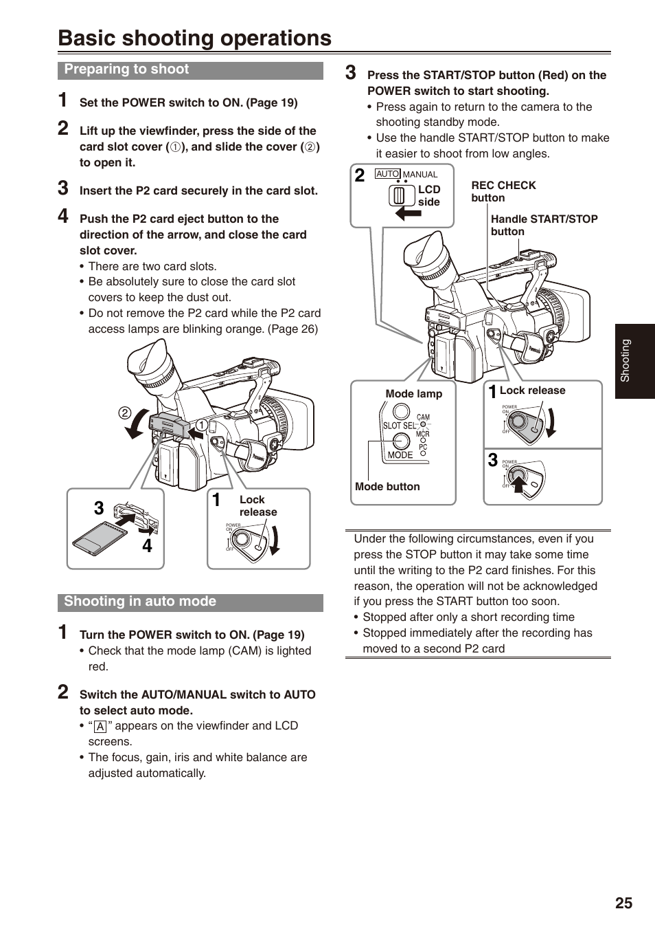 Shooting, Basic shooting operations, Preparing to shoot | Shooting in auto mode, Preparing to shoot shooting in auto mode | Panasonic AG-HPX170P User Manual | Page 25 / 128