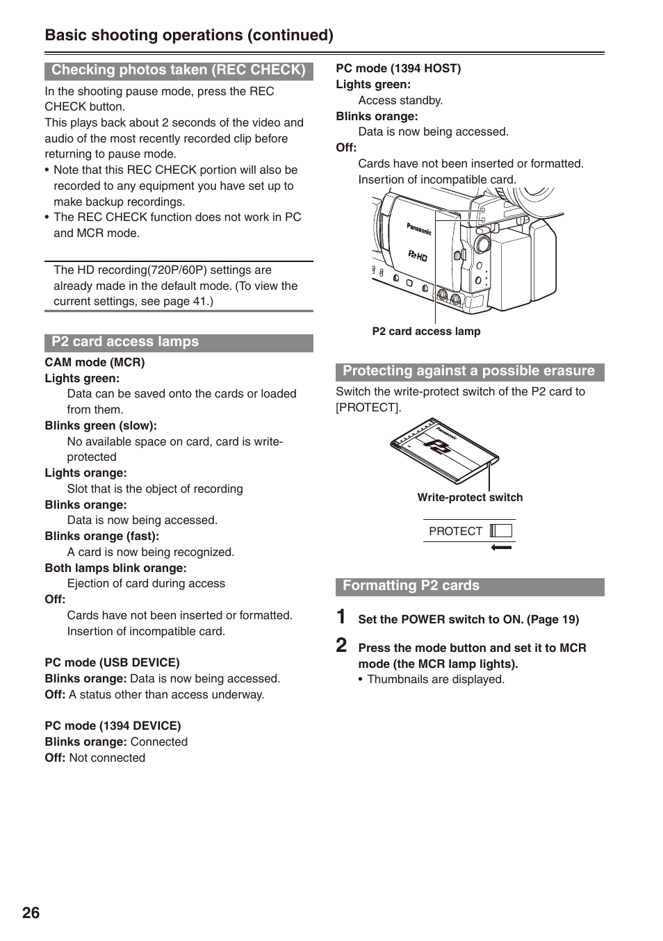 Checking photos taken (rec check), P2 card access lamps, Protecting against a possible erasure | Formatting p2 cards, Basic shooting operations (continued) | Panasonic AG-HPX170P User Manual | Page 26 / 128